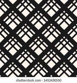 Square grid vector seamless pattern. Abstract geometric monochrome texture with diagonal cross lines, rhombuses, mesh, lattice, grill. Simple black and white checkered background. Repeated design
