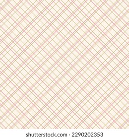 Square grid vector seamless pattern. Abstract linear geometric texture with thin diagonal crossing lines, rhombuses, mesh, lattice, grill. Simple checkered background. Pink, gold, beige color design