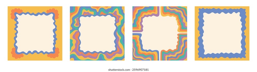 Square Groovy frame jagged scallop edge frame text box or border. Rainbow spreading multicolored lines. Curve funky y2k retro form.