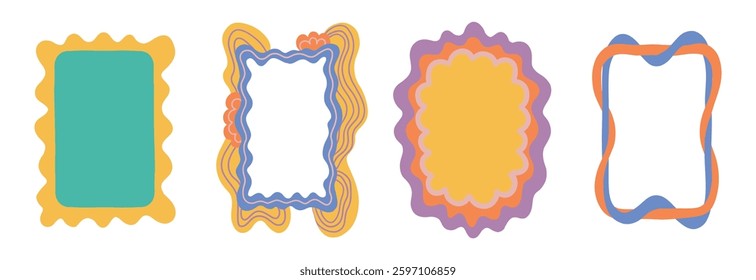 Square Groovy frame jagged scallop edge frame text box or border. Rainbow spreading multicolored lines. Curve funky y2k retro form.