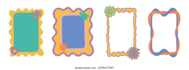 Square Groovy frame jagged scallop edge frame text box or border. Rainbow spreading multicolored lines. Curve funky y2k retro form.