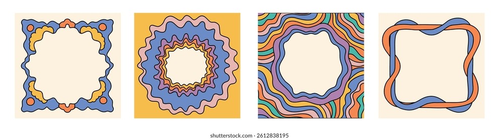 Square Groovy frame jagged scallop edge frame text box or border. Rainbow spreading multicolored lines. Curve funky y2k retro form.