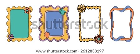 Square Groovy frame jagged scallop edge frame text box or border. Rainbow spreading multicolored lines. Curve funky y2k retro form.