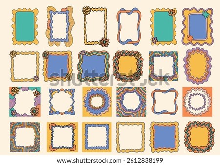 Square Groovy frame jagged scallop edge frame text box or border. Rainbow spreading multicolored lines. Curve funky y2k retro form.