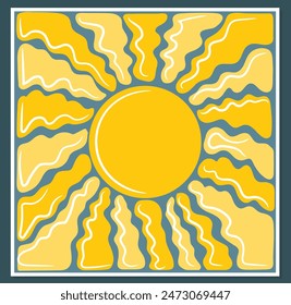 Square groovy retro abstract sun background. Organic doodle shapes in trendy naive hippie 60s 70s style. Contemporary poster print template. Vector illustration