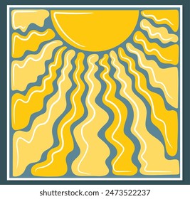 Square groovy retro abstract sun background. Organic doodle shapes in trendy naive hippie 60s 70s style. Contemporary poster print template. Vector illustration