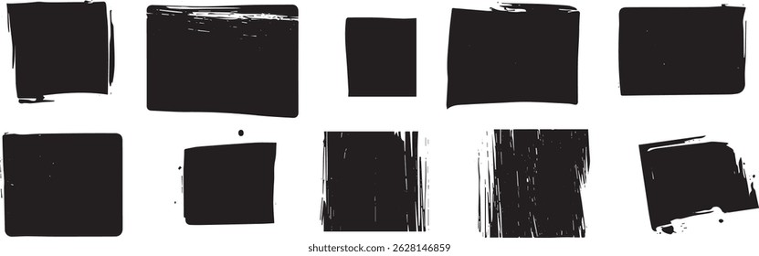 Coleção de traçados de pincel Grunge quadrado, quadros de tinta preta angustiada e texturas para design gráfico