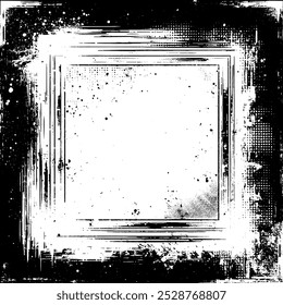 Um quadro grunge quadrado com tinta preta e branca, moldura de borda grunge vintage preto e branco com um fundo branco, Um quadro de foto vintage quadrado, moldura grunge