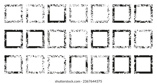 Square Grunge Texture Frame Set. Paint Brush Spray, Black Dirty Form Geometric with Splash Effect. Blank Retro Border. Rough Frame Collection. Abstract Design. Isolated Vector Illustration.