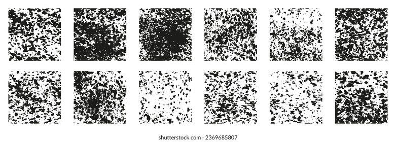 Square Grunge Texture Set. Vintage Ink, Black Stain Stamp. Rough Paint Brush Collection. Old Abstract Messy Design Element. Isolated Vector Illustration.