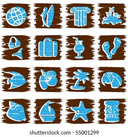 Square grungy tropical buttons in cool tones (eps10); jpg version also available