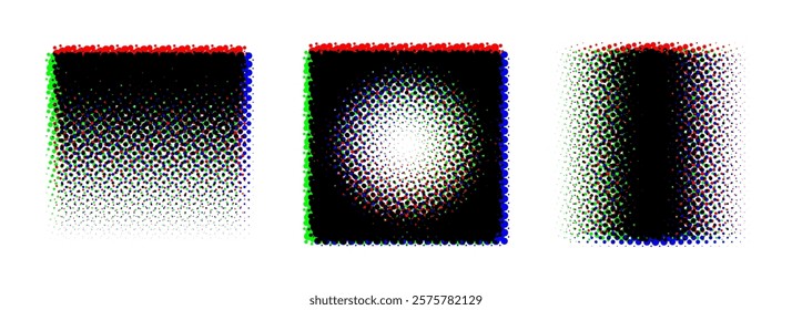 Square halftone gradient background set. RGB textured pixelated rectangle gradation. RGB color dotted fading shapes. Grunge ink press splash stains and blots. Print production raster glitch. Vector