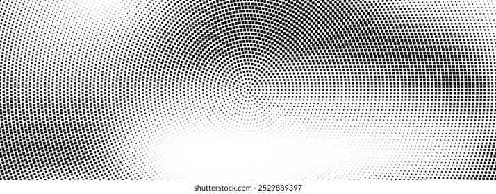 Square halftone radial dotted background. Dots comic gradient texture. Black halftone rough grit overlay. Concentric dirt gradation wallpaper. Grunge gritty circular pop art cartoon backdrop. Vector