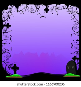 The square Halloween banner template with black crosses, bats and branches of trees: Vector illustration