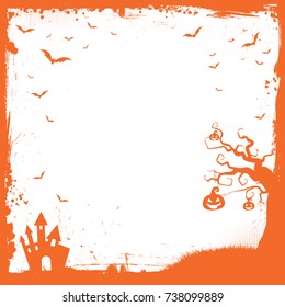 The square Halloween banner template with pumpkin, scary house and flying bat border