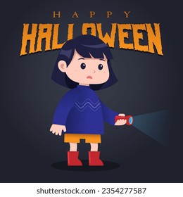 Square Halloween greeting banner with a little girl character carrying a flashlight with a scared face
