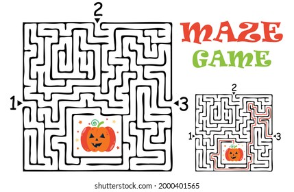 Square halloween maze labyrinth game for kids. Logic conundrum. Three entrance and one right way to go. Vector illustration for halloween