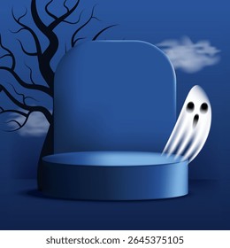 Montagem de Halloween quadrado com pódio, fantasma, árvore e céu assustador. Ideal para mostrar produto ou mensagem. Ilustração vetorial