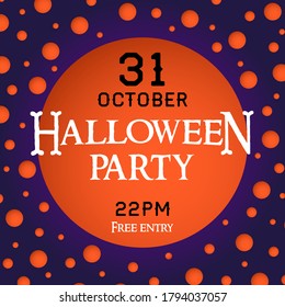 Square halloween party invitation with orange round elements on blue background 