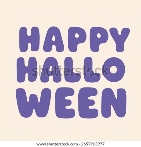 Square Halloween poster with bold Happy Halloween text in purple on a pastel background. Minimalist typographic design perfect for social media, greetings, flyers, and seasonal content. Vector