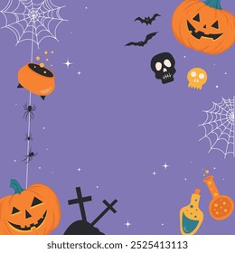 Square Halloween Social Media Template. Greeting Card and Invitation With Space for Text For Spooky Party With Illustrations of Ghosts, pumpkins, spider webs. Vector