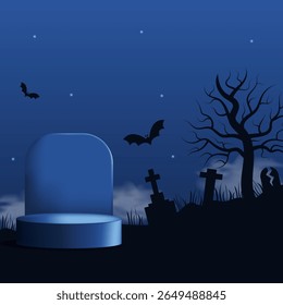 Square Halloween template with podium, bats, graveyard and night sky. Perfect spooky background with place for text. Vector illustration