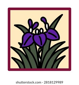 Square Hanafuda card featuring Irises (Iris and Eight-Plank Bridge)