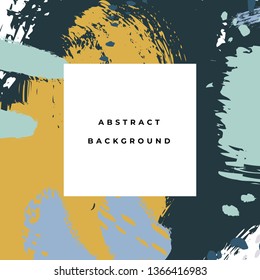 Square hand drawn abstract background with artistic brush strokes and paint stains. Vector design for card, banner or social media post.