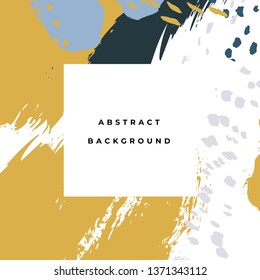 Square hand drawn abstract background with artistic brush strokes and paint stains. Vector design for card, banner or social media post.