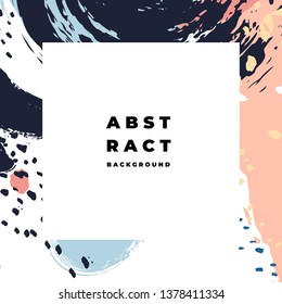 Square hand drawn abstract background with artistic brush strokes and paint stains. Vector design for card, banner or social media post.