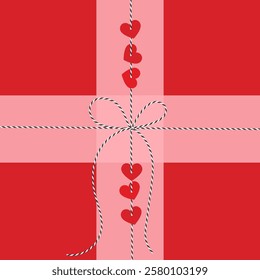 Square hand drawn background, gift tied up with cotton black rope bakers twine with paper heart, bow in the center, ribbon.Packing string for present, pastry box for Valentine's day. Flat vector EPS10