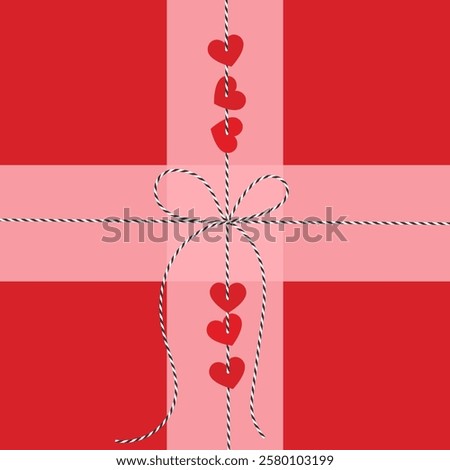 Square hand drawn background, gift tied up with cotton black rope bakers twine with paper heart, bow in the center, ribbon.Packing string for present, pastry box for Valentine's day. Flat vector EPS10