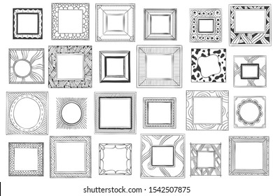 Square hand drawn frames. Sketch picture, doodle mirror or photo frame. Vintage framed painting, ornate photo borders or picture frames. Isolated vector symbols set