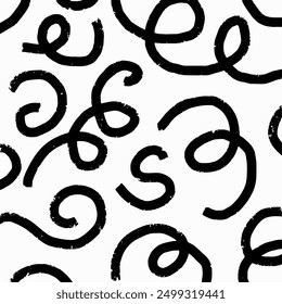 Square hand drawn pattern, pencil playful short black lines on white background. Textured curved stripes, grunge effect, doodle abstract spirals and organic shapes.