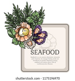 Square hand drawn vector illustration with healthy seafood. Includes oysters, mussels, scallops and herb. Good for banner, business promote, food packaging.
