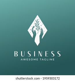 Square Hand Leaf Logo Template Vector Illustration EPS10. Business, Fashion, Beauty