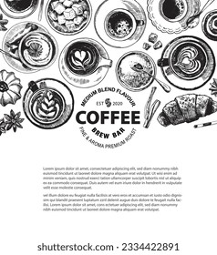 Square hand-drawn illustration. Coffee drinks and snacks, such as cookies and croissants. Paper cup and mug,  drinks in cups, top view. The artwork is complemented by images of flowers and spices