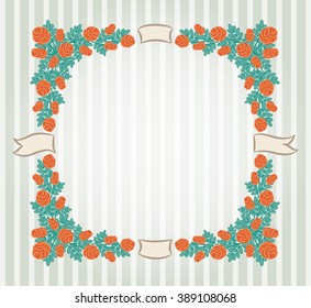 Square hand-drawn roses' frame on the striped background