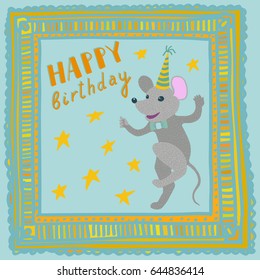 Square Happy Birthday card with hand lettering, hand-drawn golden frame and stars in background. Dancing mouse wearing party hat and a bow tie.