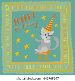 Square Happy Birthday card with hand lettering, hand-drawn golden frame and stars in background. Laughing cat wearing party hat.