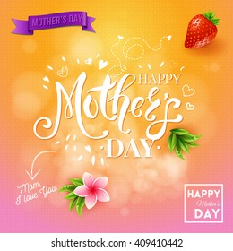 Square happy a day mom I love you design with strawberry, flying hearts, banner and plants over orange and pink background