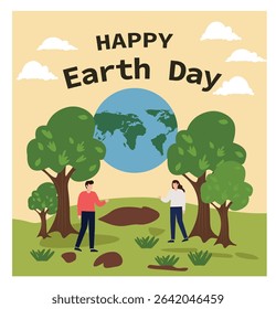 square Happy Earth Day vector illustrations. Features nature scenes, globes, people planting and eco themes. Ideal for environmental awareness campaigns and social media.