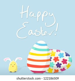 Square Happy Easter Card with Decorated Eggs and a Chick wearing Bunny Ears. Vector EPS10 Version.