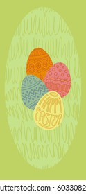 Square Happy Easter card. Pile of colorful decorated eggs on green spring grass background. Hand drawn lettering. Vertical DL size.