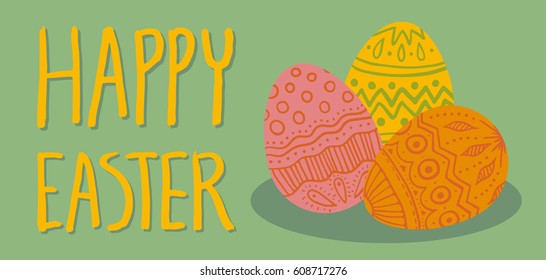 Square Happy Easter card. Pile of colorful decorated eggs on green background. Hand drawn lettering. Horizontal DL size.