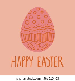 Square Happy Easter card. Red decorated egg on pink background, hand lettering.