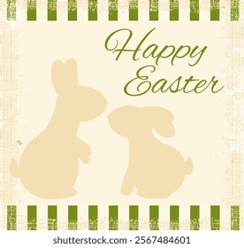 Square Happy Easter card in retro style with silhouette of two cute rabbits. Vintage Easter  background with bunny in cozy shabby chic style. Vector illustration EPS8