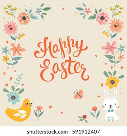 Square Happy Easter card template with eggs, flowers, rabbit and typographic design. Good for spring and Easter greetings and invitations, announcements and poster design. Vector illustration.