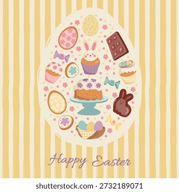 Square Happy Easter greeting card in yellow stripes. Easter desserts arranged inside an egg shape on a light background, including chocolate bunny, cakes, cupcake, muffin, chocolate bar and candies. Bright spring illustration for holiday greetings, seasonal designs and festive decorations