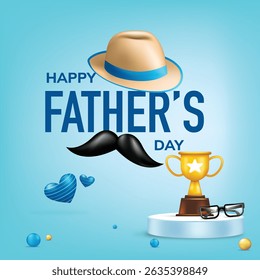 Square Happy Father's Day Illustration with Hat, Mustache, Trophy, Glasses and Blue Heart on Light Background